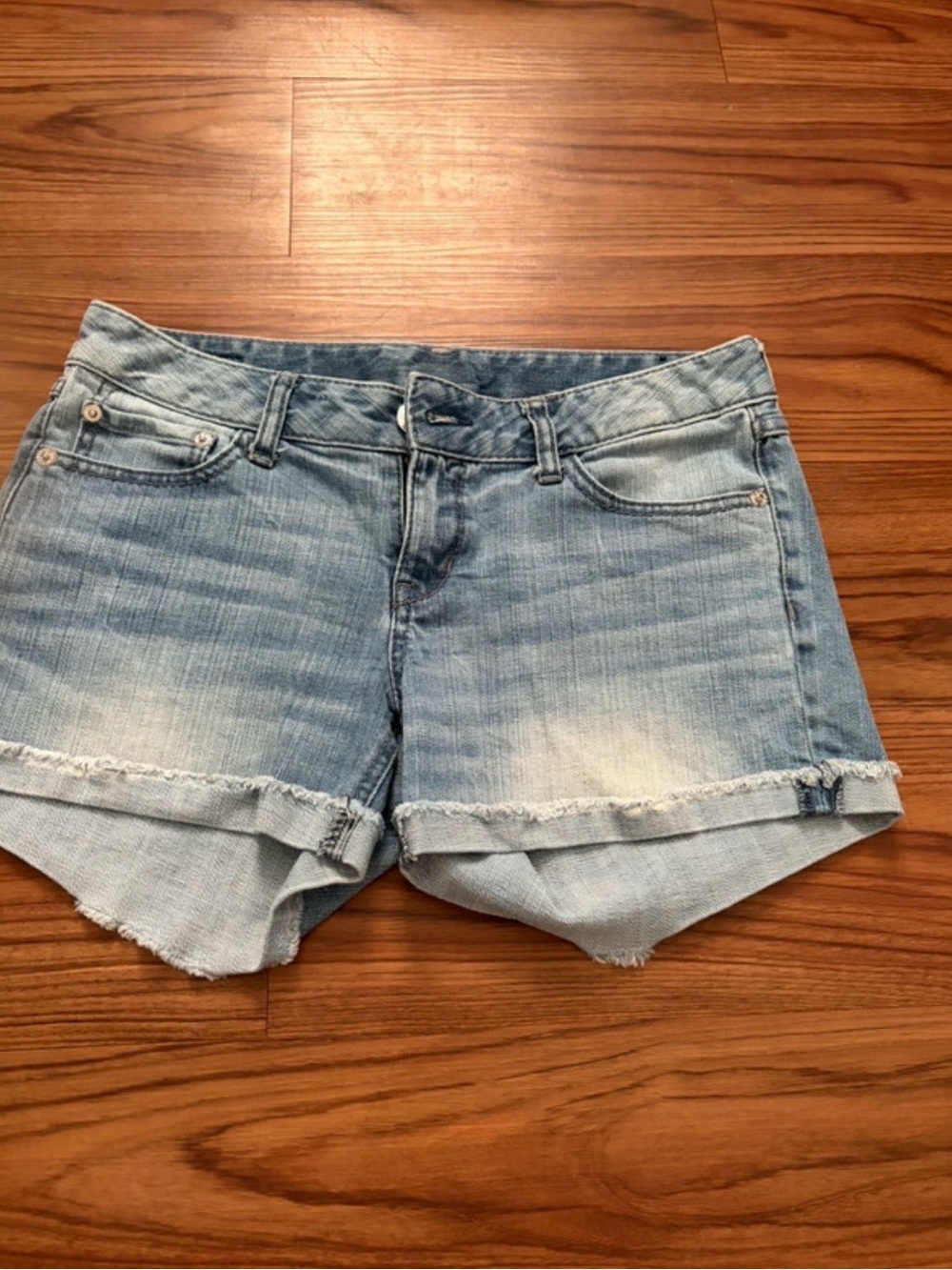 Express Light Wash Denim Jean Shorts with Rolled Frayed Hem